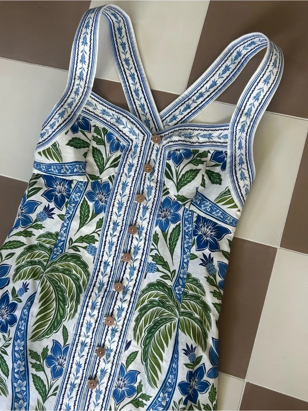 Farm Rio Tropicango Linen Mini Dress NWT S Blue Floral Crisscross Back $198 - Picture 3 of 9